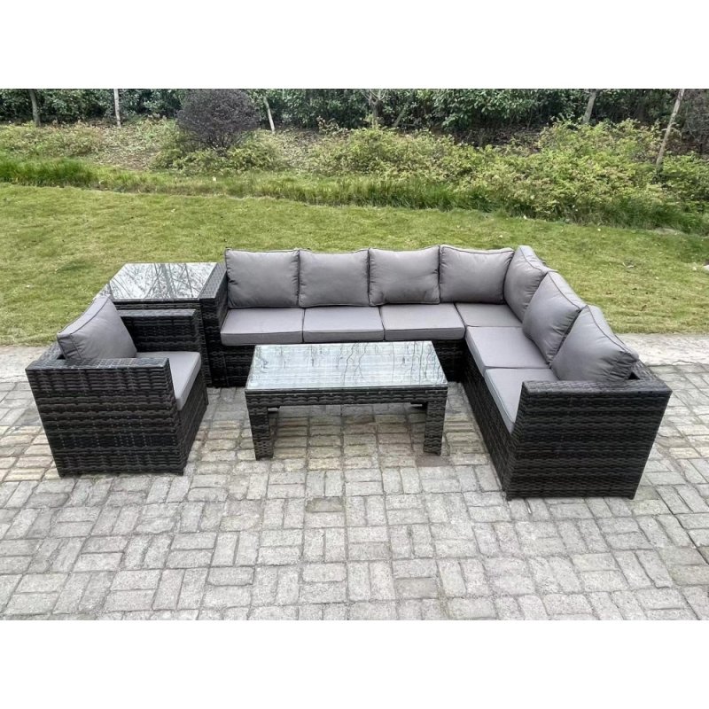 Fimous 7 Seater Rattan Corner Sofa Lounge Sofa Set With Rectangular Coffee Table With Arm Chair And Side Table Dark Grey Mixed Right Hand