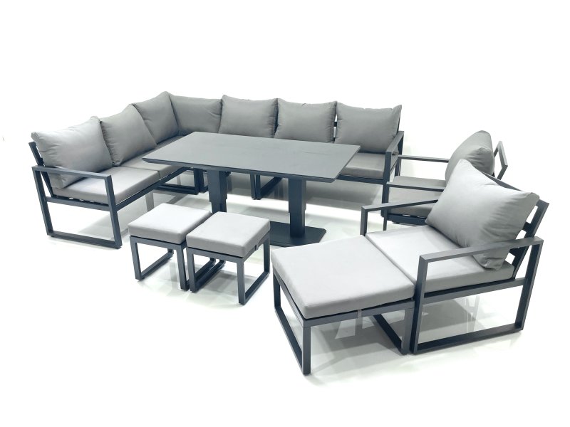 Fimous Aluminum Outdoor Garden Furniture Set Corner Sofa 2 Chair 3 Footstools Adjustable Rising Lifting Dining Table Sets Dark Grey