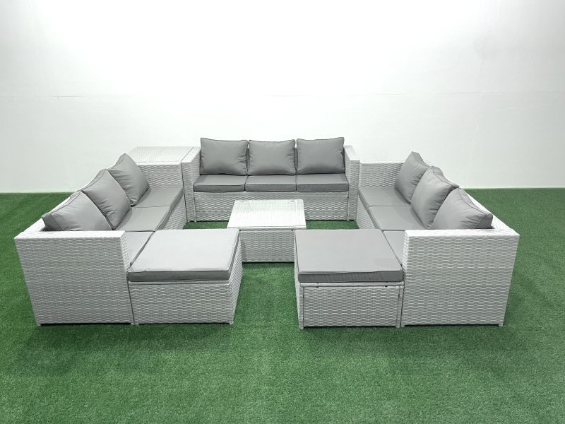Fimous Rattan Garden Outdoor Furniture Set 11 Seater Rattan Garden Sofa Set with 2 Big Footstools Side Table Light Grey Mixed