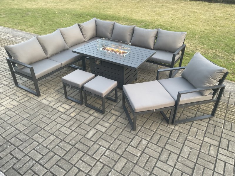 Fimous Aluminium Lounge Corner Sofa Outdoor Garden Furniture Sets Gas Fire Pit Dining Table Set with Chair 3 Footstools Dark Grey