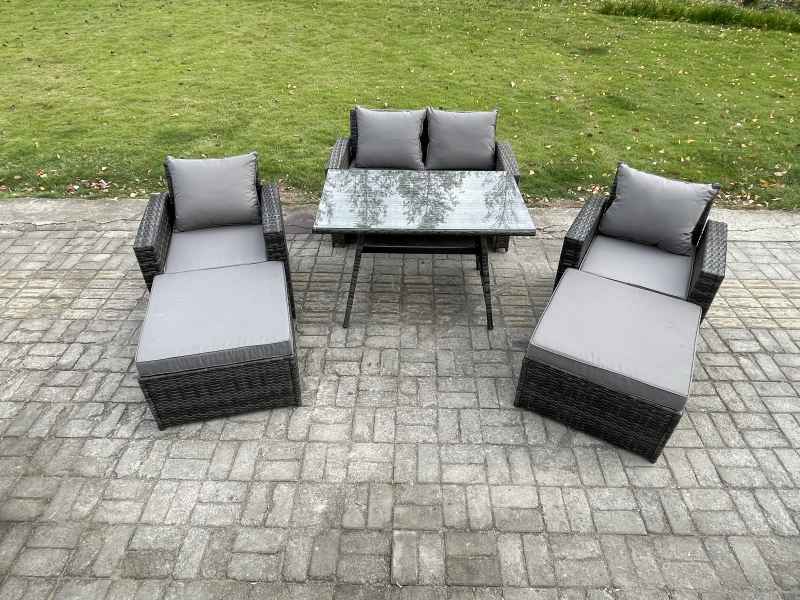Fimous Garden Dining Set Wicker PE Rattan Outdoor Furniture Sofa with Rectangular Dining Table Double Seat Sofa 2 Big Footstool 2 Armchairs Dark Grey Mixed