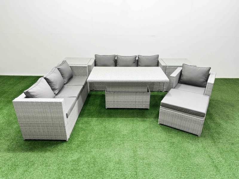 Fimous 7 PCs Rising Dining Table Set Rattan Furniture Set with 3 Seater Sofa Chair 2 Side Tables Big Footstool Light Grey