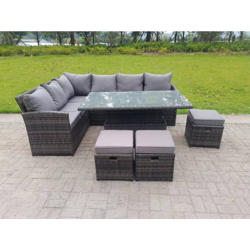Fimous High Back Corner Rattan Garden Furniture Sofa Rising Dining Table Height Adjustable 9 Seater 3 Small Foot Stools