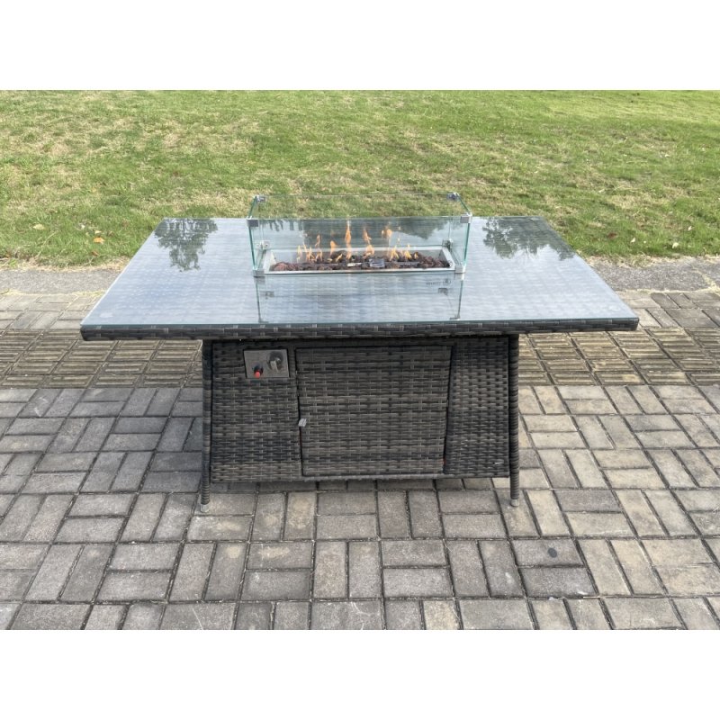 Fimous Rattan Garden Furniture Set Outdoor Patio Gas Fire Pit Dining Table and Chairs with Love seat Sofa Footstool 2 Side Tables