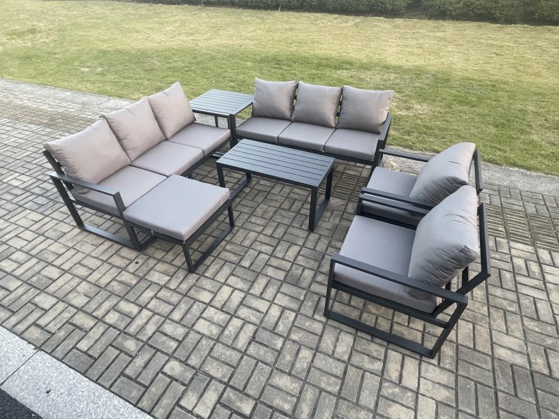 Fimous Aluminium Outdoor Garden Furniture Set 9 Seater Garden Sofa with Oblong Coffee Table Big Footstool Side Table Dark Grey
