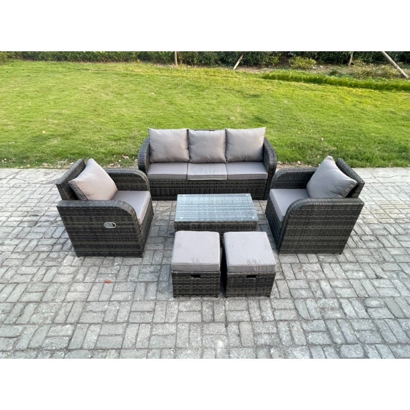 Fimous Outdoor Rattan Garden Furniture Set Patio Lounge Sofa Set with Reclining Chair Rectangular Coffee Table 2 Small Footstool Dark Grey Mixed