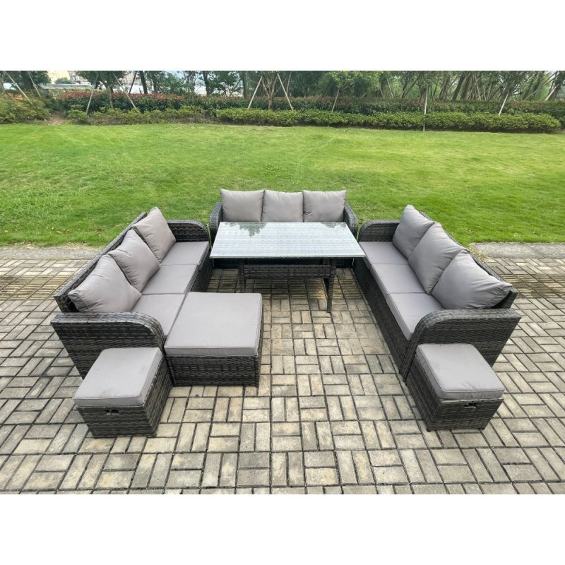 Fimous Patio Rattan Garden Furniture Set with Oblong Rectangular Dining Table 3 Footstools 12 Seater Outdoor Lounge Sofa Set Dark Grey Mixed