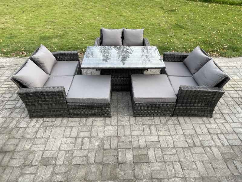 Fimous 8 Seater Wicker Rattan Garden Furniture Rising Table Set with 2 Big Footstool Double Seat Sofa Dark Grey Mixed