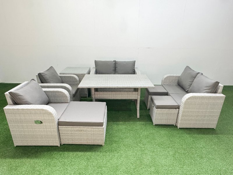 Fimous 9 Seater Outdoor Reclining Chair Love Sofa Set Rattan Garden Furniture Set with Rectangular Dining Table 3 Stools Side Table Light Grey