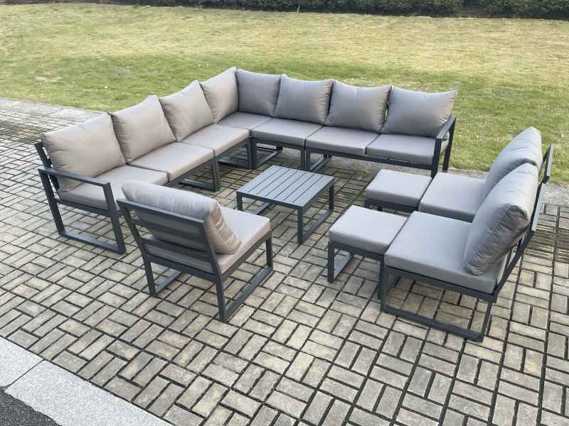 Fimous 12 Seater Outdoor Aluminium Garden Furniture Set Corner Lounge Sofa Set with Square Coffee Table 2 Small Footstools Dark Grey