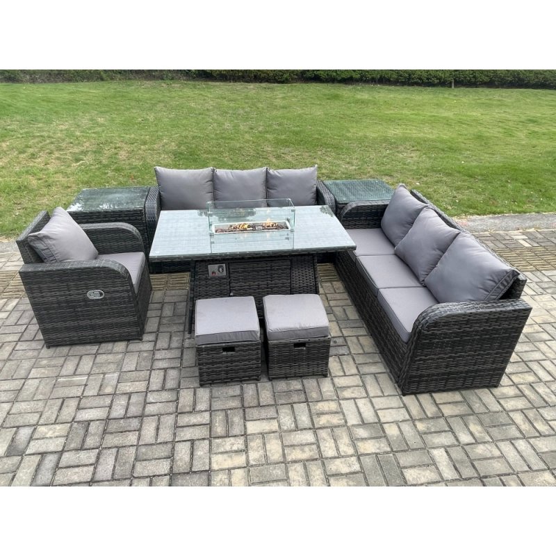 Fimous 9 Seater Wicker Rattan Garden Furniture Set Gas Fire Pit Dining Table Reclining Chair 3 Seater Sofa Set Indoor Outdoor with Side Table 2 Small Footstools