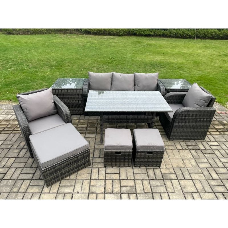 Fimous 9 Pcs Rattan Outdoor Garden Furniture Set Rectangular Dining Table and Chair Sofa Set With 2 Side Tables 3 Footstools Dark Grey Mixed