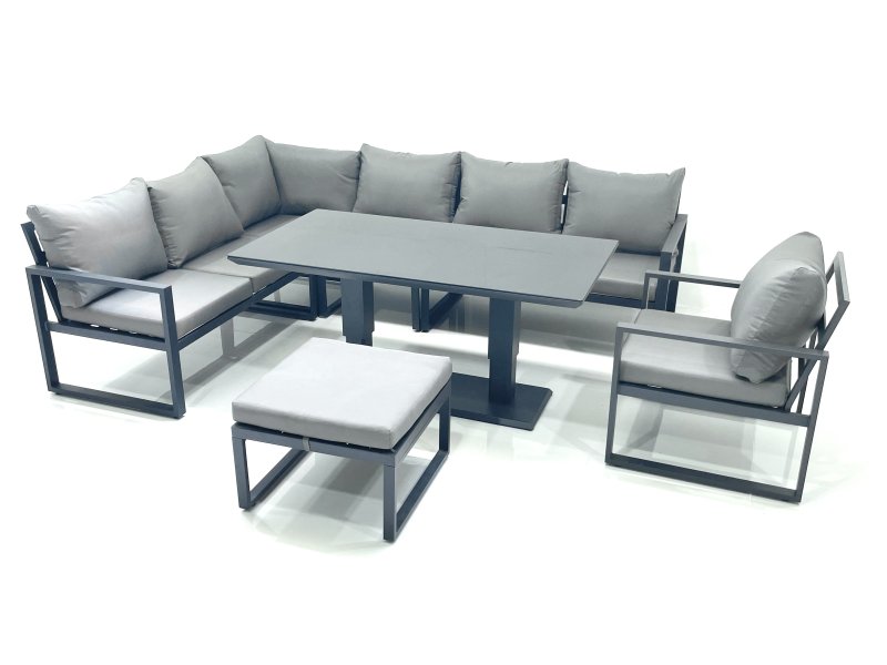 Fimous Aluminum Outdoor Garden Furniture Set Corner Sofa Big Footstool Chair Adjustable Rising Lifting Dining Table Sets Dark Grey