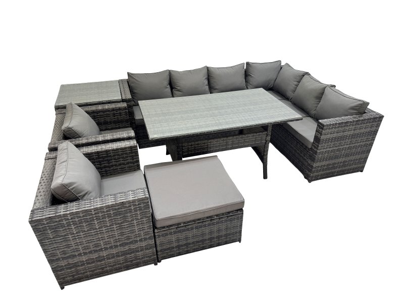 Fimous Rattan Garden Furniture Set Outdoor 9 Seater Patio Dining Corner Sofa Sets with Dining Table 2 Chairs Big Stool Side Table Dark Grey Mixed