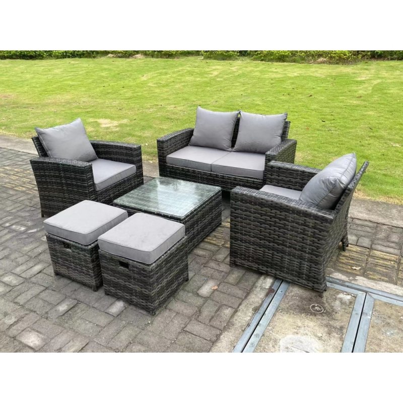 Fimous 6 Seater Dark Grey Mixed High Back Rattan Sofa Set Square Coffee Table Garden Furniture Outdoor 2 Stools