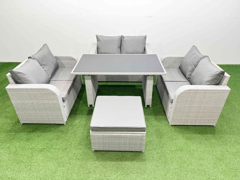 Fimous 7 Seater Patio Garden Furniture Sets with Black Glass Top Dining Table Love Sofa Big Stool Light Grey