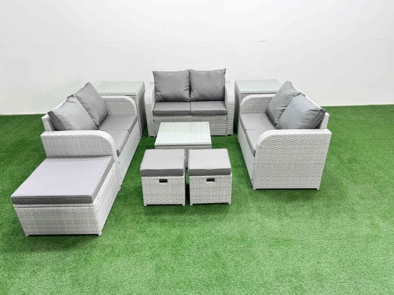 Fimous 9 Seater PE Wicker Rattan Furniture Sofa Sets with Square Coffee Table 2 Seater Love Sofa 3 Stool 2 Side Table Light Grey