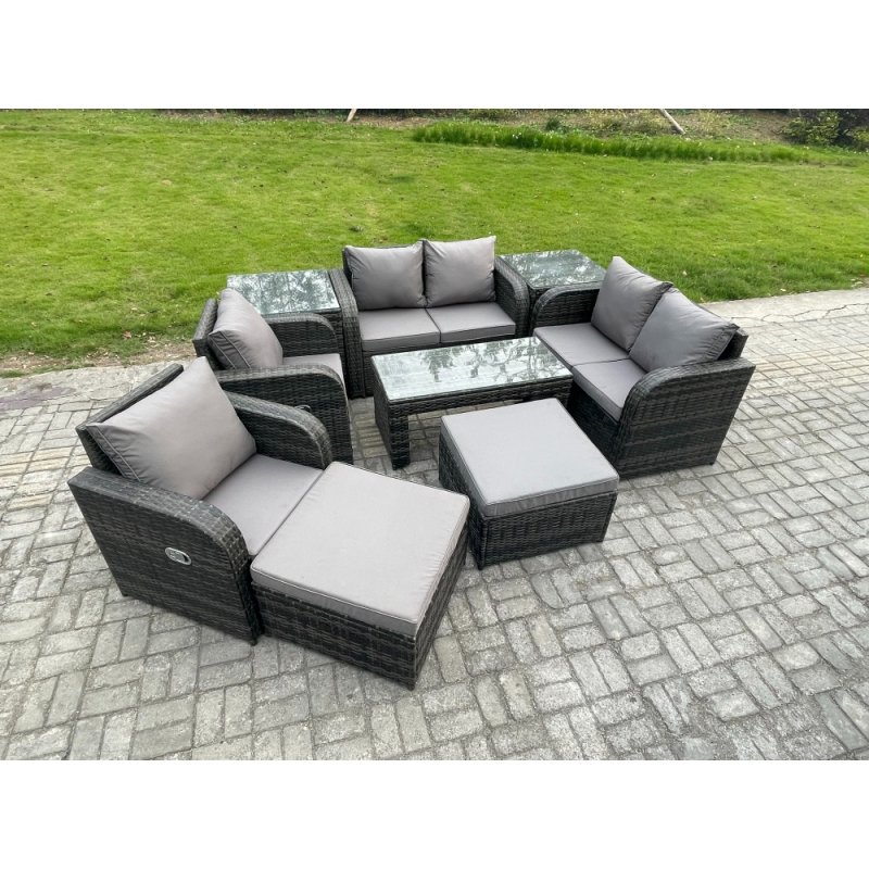 Fimous 9 PCS Garden Furniture set Rattan Outdoor Lounge Sofa Table Chair With Tempered Glass Table Dark Grey Mixed