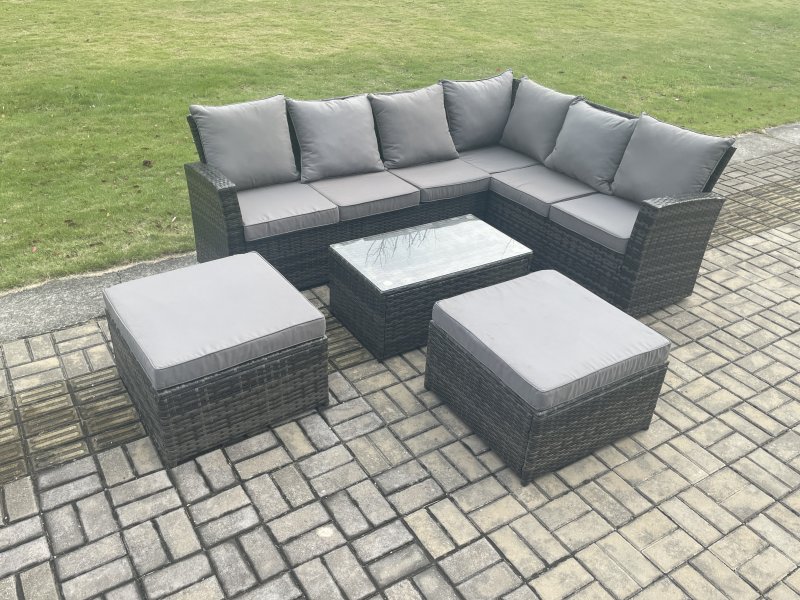 Fimous Wicker PE Outdoor Garden Furniture Set High Back Rattan Corner Sofa Set with Rectangular Coffee Table 2 Big Footstool