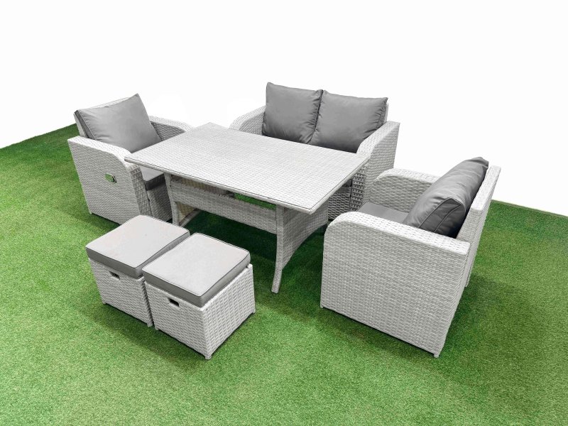 Fimous Light Grey PE Wicker Rattan Garden Furniture Set Sofa Set Reclining Chair Rectangular Dining Table 6 Seater 2 Small Stools