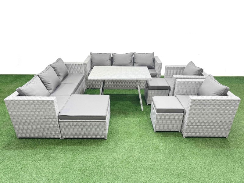 Fimous 11 Seater Garden Furniture Set PE Ratten Garden Sofa Set with Rectangular Dining Table 3 Stool Light Grey