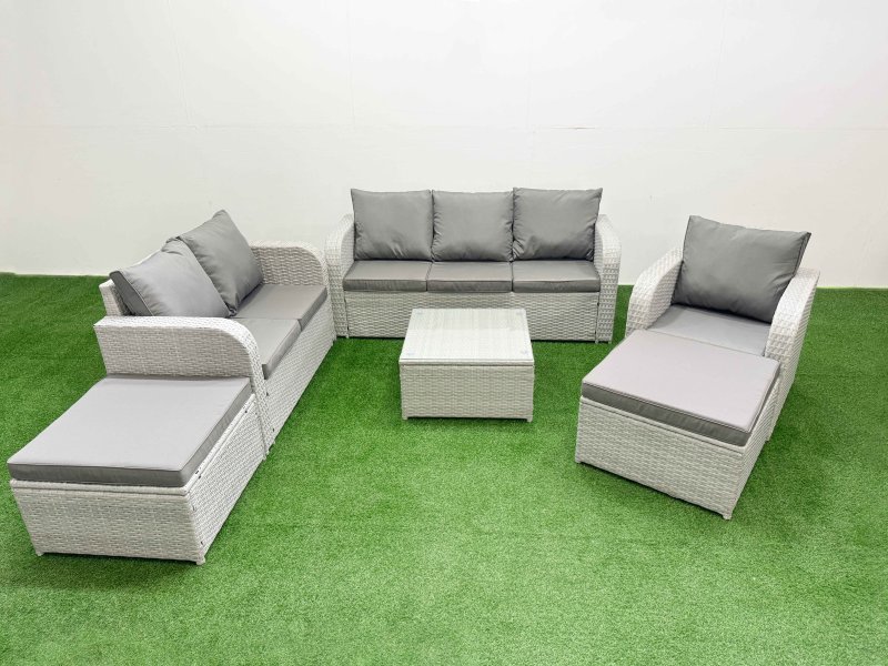 Fimous Patio PE Wicker 8 Seater Outdoor Rattan Furniture Sofa Sets with Square Coffee Table Reclining Chair Loveseat Sofa 3 Seater Sofa 2 Big Footstools Side Table Light Grey