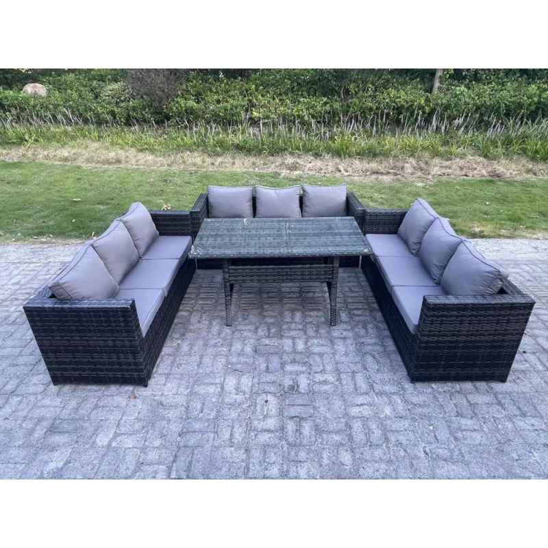 Fimous 9 Seater Outdoor Wicker Garden Furniture Rattan Lounge Sofa Set Patio Rectangular Dining Table Three Seater Sofa Dark Grey Mixed