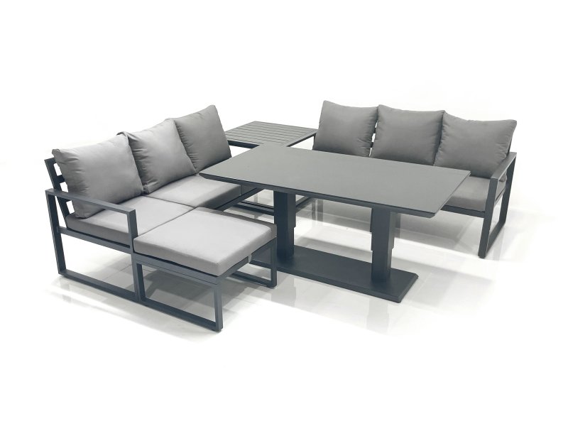 Fimous 7 Seater Aluminium Outdoor Garden Furniture Set with Adjustable Rising Lifting Dining Table 3 Seater Sofa Big Footstool Side Table Dark Grey