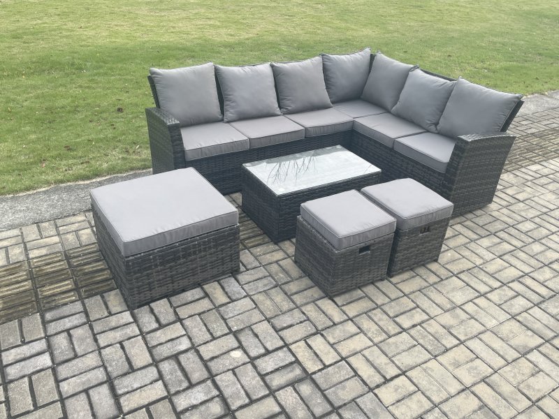 Fimous Wicker PE Outdoor Garden Furniture Set High Back Rattan Corner Sofa Set with Rectangular Coffee Table 3 Footstools