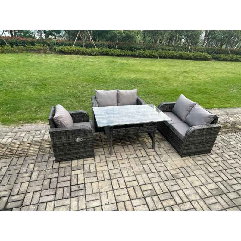 Fimous 5 Seater Lounge Rattan Sofa Set Outdoor Garden Furniture Oblong Rectangular Dining Table With Chairs Dark Grey Mixed