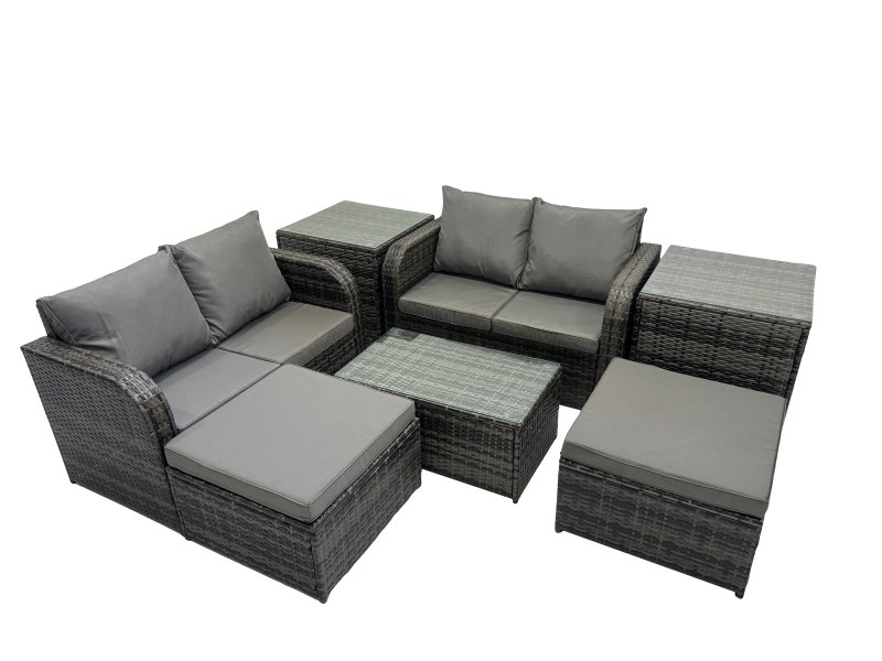 Fimous Outdoor Love Sofa Coffee Table Set Garden Rattan Furniture Set 6 Seater with 2 Side Tables 2 Big Stools Dark Grey