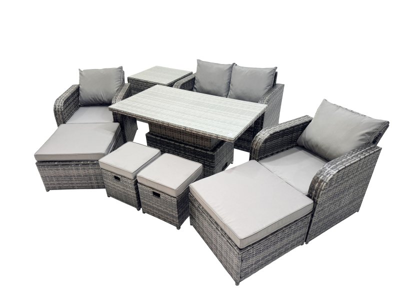 Fimous 8-seater Patio Height Adjustable Rising Lifting Table Sofa Sets Rattan Garden Furniture Dining Set with 2 Big Footstool Side Table Dark Grey Mixed