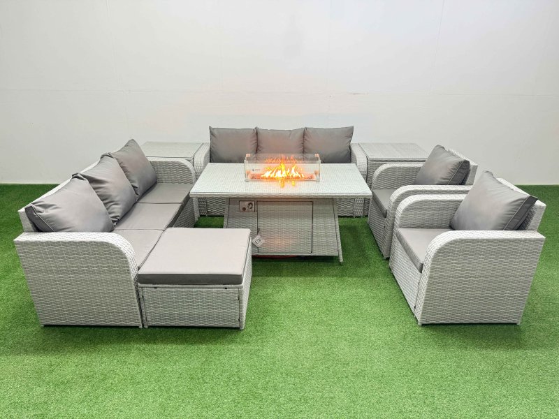 Fimous PE Rattan High Back Lounge Sofa Set Patio Firepit Dining Table & Chairs Set with 3 Seater Sofa Reclining Chair Big Footstool 2 Side Table Light Grey