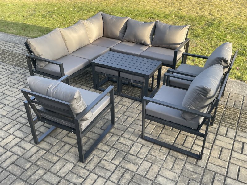 Fimous 10 Seater Aluminium Outdoor Garden Furniture Set Patio Lounge Sofa with Oblong Coffee Table Chair 2 Small Footstools Dark Grey