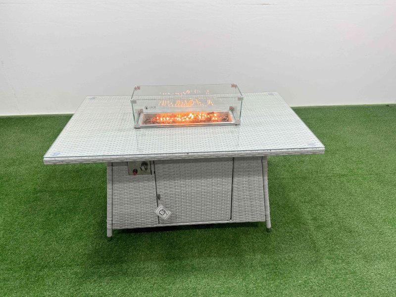 Fimous 10 Seat PE Rattan Lounge Sofa Set Outdoor Garden Furniture Set with Firepit Dining Table 3 Seater Sofa 2 Side Tables 2 Big Footstool Light Grey