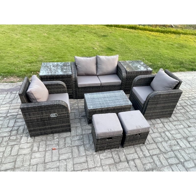 Fimous Outdoor Lounge Sofa Set 6 Seater Rattan Garden Furniture Set with Rectangular Coffee Table 2 Small Footstools 2 Side Tables Dark Grey Mixed