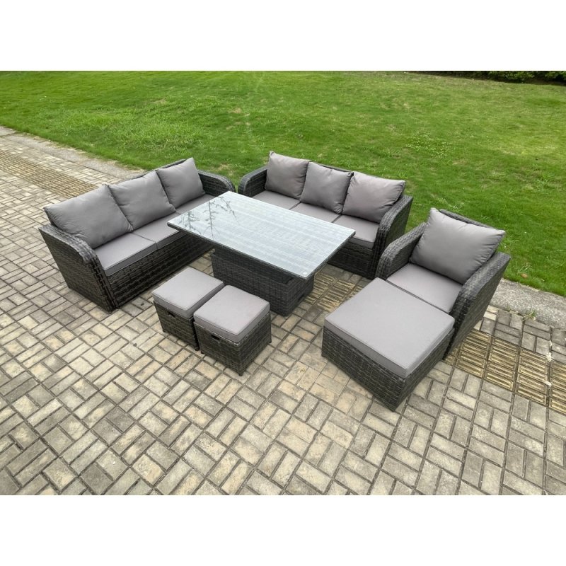 Fimous Outdoor Rattan Garden Furniture Sets Height Adjustable Rising lifting Dining Table Sofa Set with Reclining Chair 3 Footstools Dark Grey Mixed