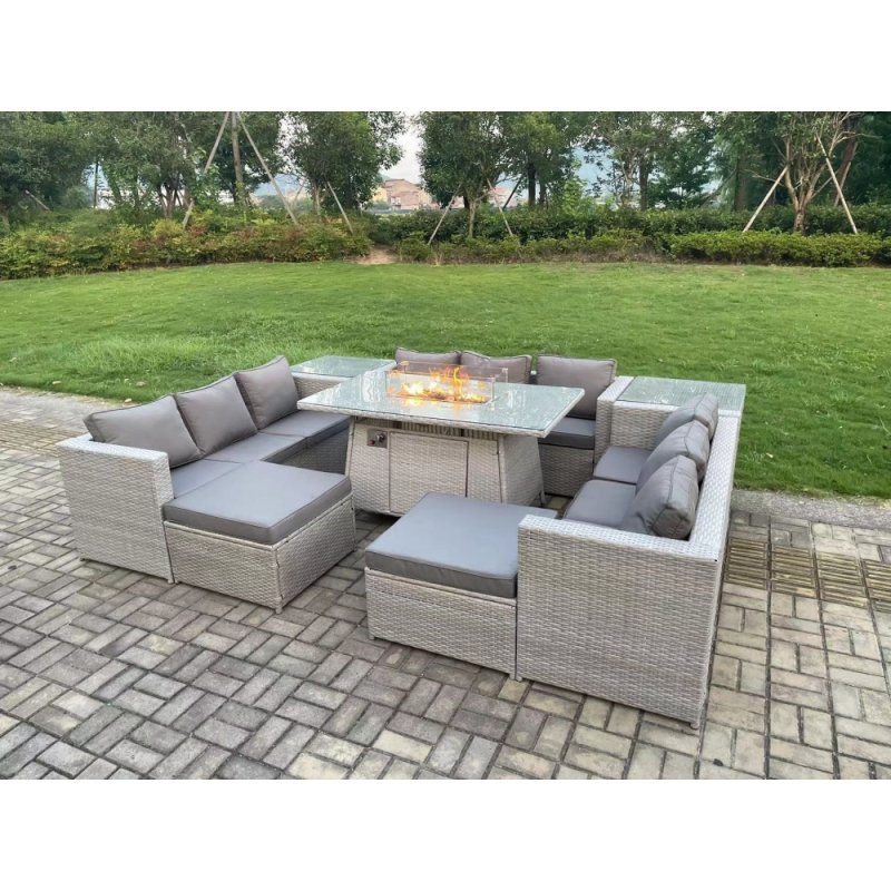 Fimous Outdoor Garden Dining Sets Rattan Furniture Gas Fire Pit Dining Table Gas Heater with 2 Side Tables 2 Big Footstools Light Grey