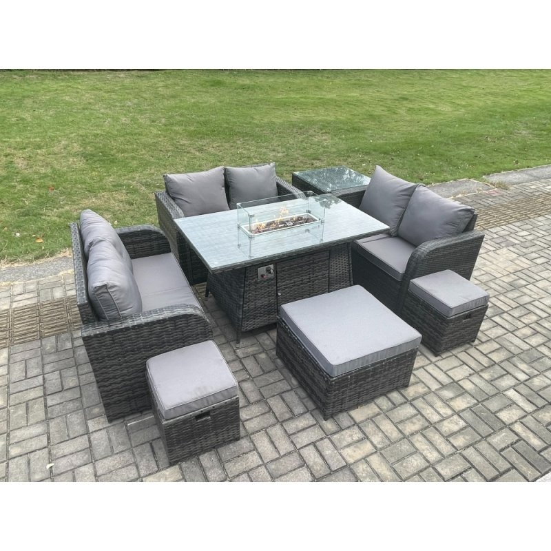 Fimous 9 Seater Outdoor Rattan Furniture Garden Dining Set Gas Fire Pit Table with Side Table Love Sofa 3 Footstools Dark Grey Mixed
