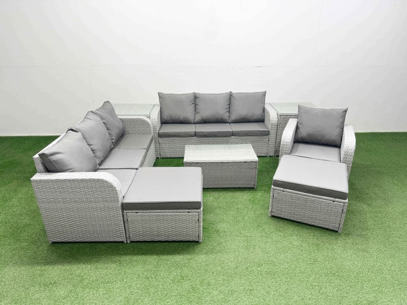Fimous 9 Seater Poly Rattan Outdoor Garden Furniture Sofa Set Patio 3 Seater Sofa Reclining Chair 3 Seater Sofa 2 Big Footstools 2 Side Table Light Grey