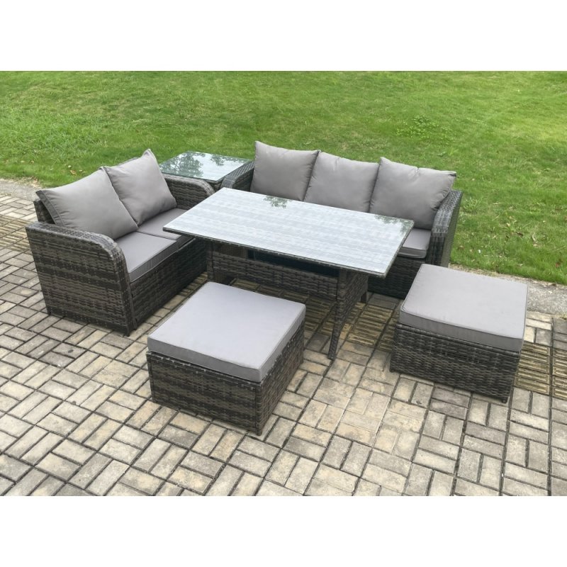 Fimous Patio Rattan Garden Furniture Set with Oblong Rectangular Dining Table 2 Big Footstool Side Table 7 Seater Outdoor Lounge Sofa Set Dark Grey Mixed