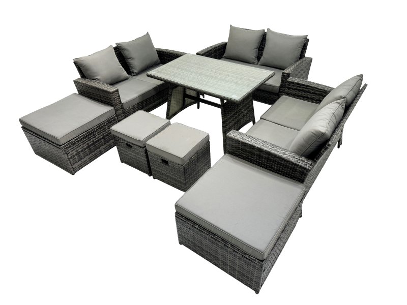 Fimous 10 Seater Wicker PE Rattan Furniture Outdoor Dining Table Double Seat Sofa 4 Stools Set Dark Grey Mixed