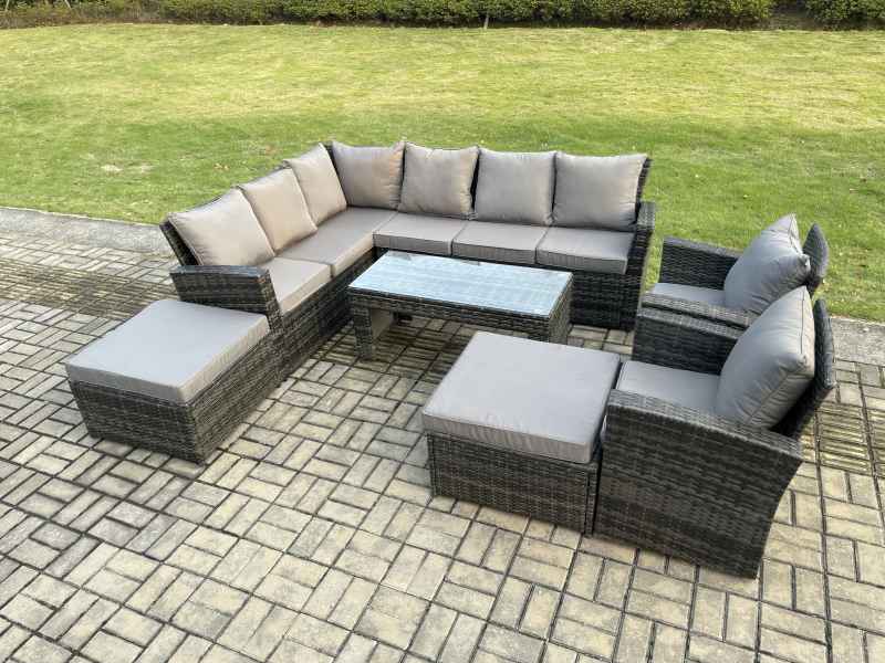 Fimous Outdoor Furniture Garden Dining Set Rattan Corner Sofa Set with 2 Armchairs 2 Big Footstool Dark Grey Mixed