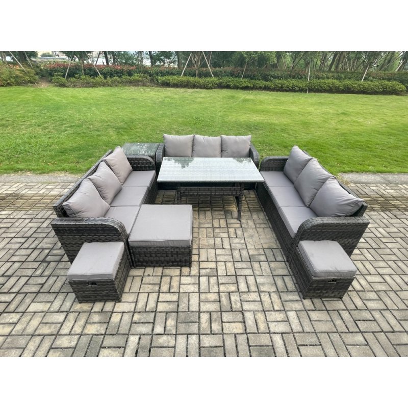 Fimous Rattan Garden Furniture Set with Oblong Rectangular Dining Table 3 Footstools Side Table 11 Seater Outdoor Lounge Sofa Set Dark Grey Mixed