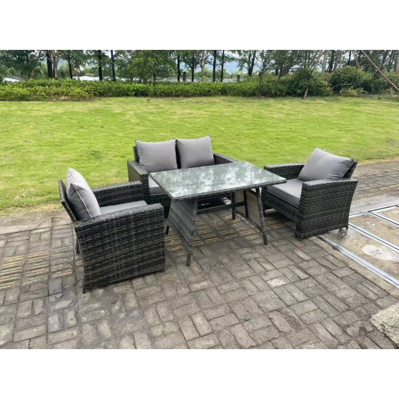 Fimous 4 Seater Outdoor Dark Grey Mixed High Back Rattan Sofa Dining Table Set Garden Furniture Patio