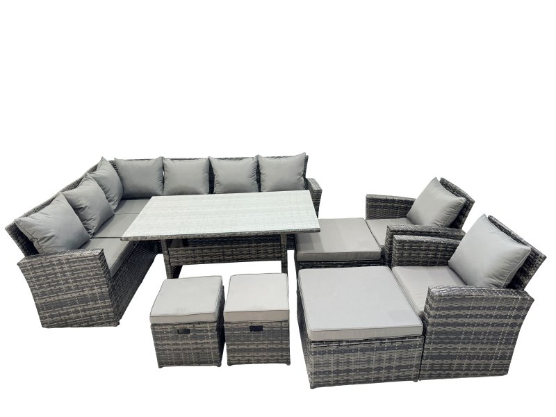 Fimous 12 Seat Rattan High Back Corner Sofa Set Patio Dining Table Set with 4 Stools 2 Chair Dark Grey Mixed