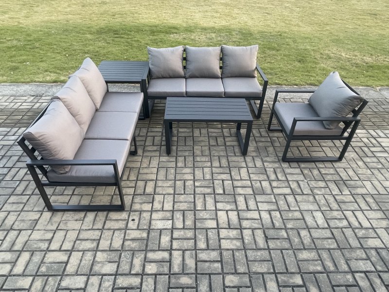 Fimous Aluminium 7 Seater Garden Furniture Outdoor Patio Sofa Set with Rectangular Coffee Table Armchair Side Table Dark Grey