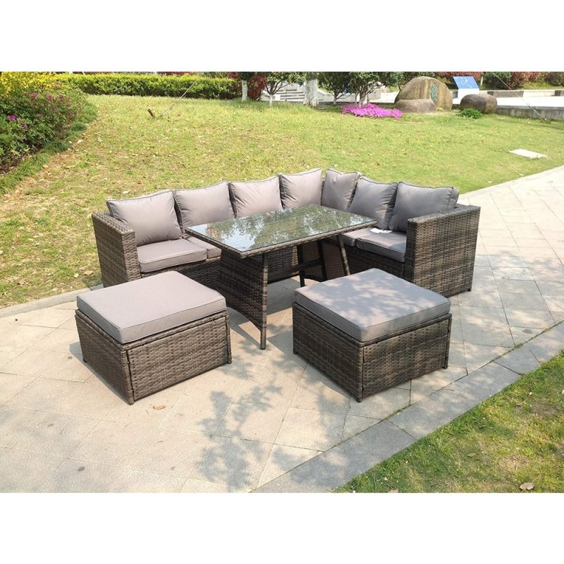 8 Seater Grey Rattan Corner Sofa Set Dining Table 2 Big Footstool Garden Furniture Outdoor With Clear Tempered Glass