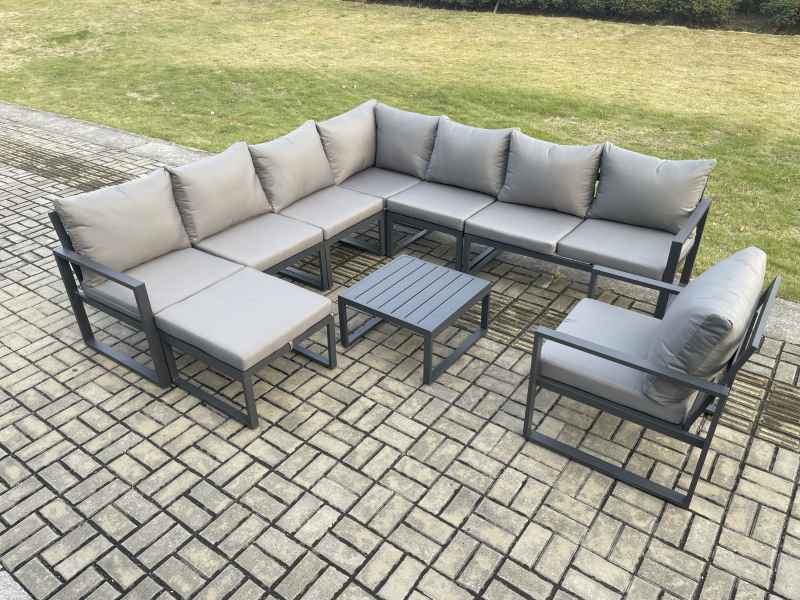 Fimous Outdoor Garden Furniture Patio Lounge Corner Sofa Aluminium Set with Square Coffee Table Big Footstool Chair Dark Grey