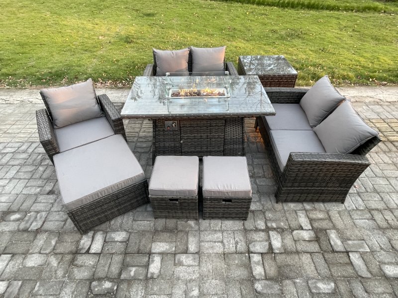 Fimous 8 Seater Rattan Outdoor Garden Furniture Gas Fire Pit Table Sets Gas Heater with Love Sofa Armchair 3 Footstools Side Table Dark Mixed Grey